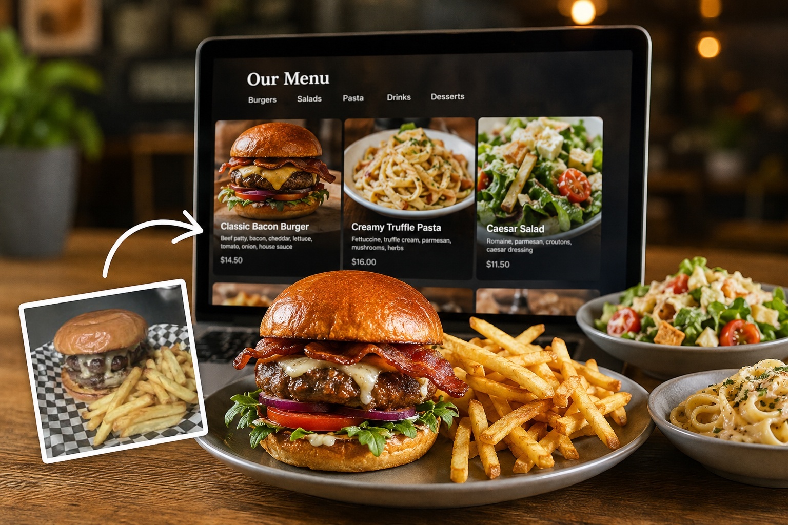 A raw phone photo of a burger transformed into a polished digital restaurant menu